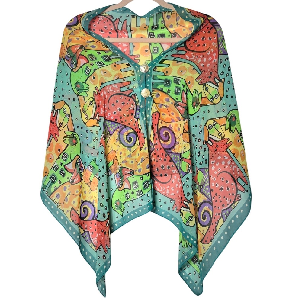 Abstract Dog Cat Print Sheer Button Poncho One Size Vibrant Art Maximalist Flowy